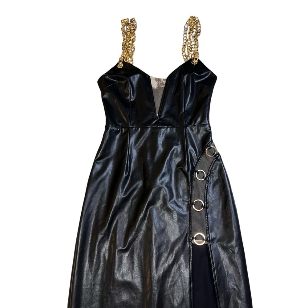 NWT Michael Costello X Revolve Black Faux Leather Maxi Dress Gold Chain Straps S - Picture 7 of 14